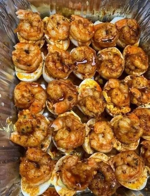 Deviled Eggs topped with Cajun shrimp