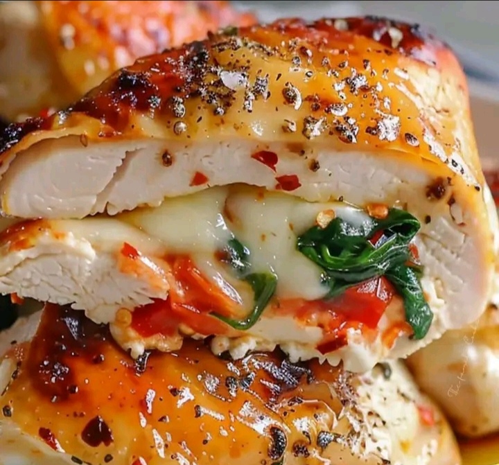 Roasted Red Pepper, Spinach, and Mozzarella Stuffed chicken