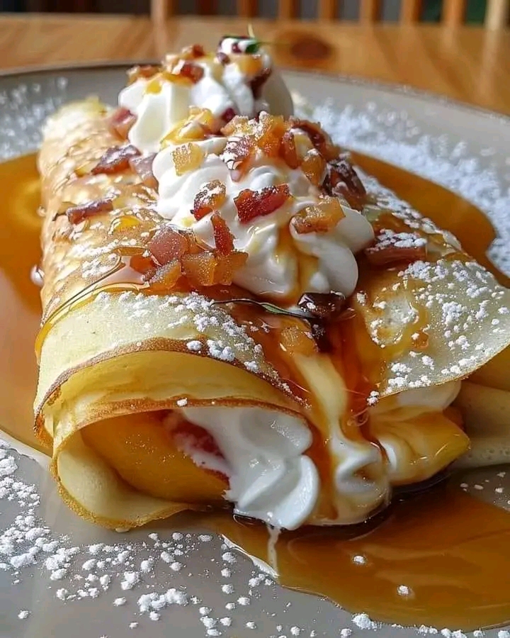 Crepe Rolls with Whipped Cream, Caramelized Peaches, and Pancetta