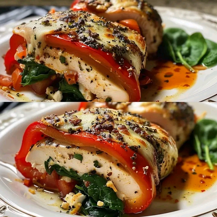 Roasted Red Pepper, Spinach, and Mozzarella Stuffed Chicken